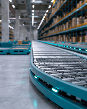 Modern warehouse hallway with bright overhead lights. Blue conveyor belt runs center of image. Steel rollers glide smoothly beneath glowing edges. Rows of shelves stretch into background distance