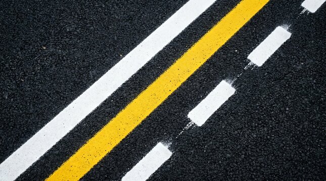 Asphalt road surface with yellow and white traffic safety lines viewed from above