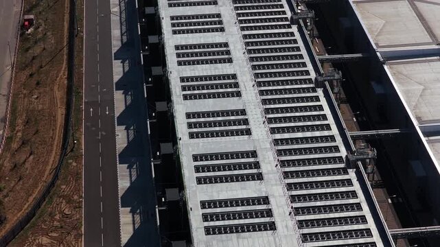 Aerial view of the Google Data Centre in Cheshunt, featuring large industrial rooftops and cooling infrastructure in Cheshunt, England, United Kingdom.