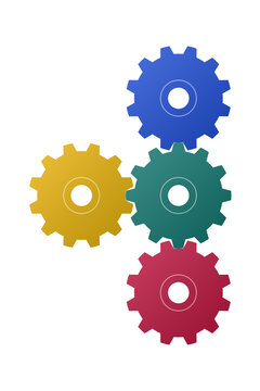 Flowing gear mechanism diagram &mdash; four equal gears in cross formation. Isolated transparent PNG business graphic element for presentations