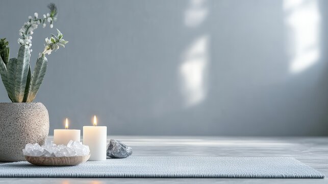 A serene and minimalist scene promotes relaxation and mindfulness with candles, crystals, and a cactus, emphasizing a calming atmosphere in muted gray tones