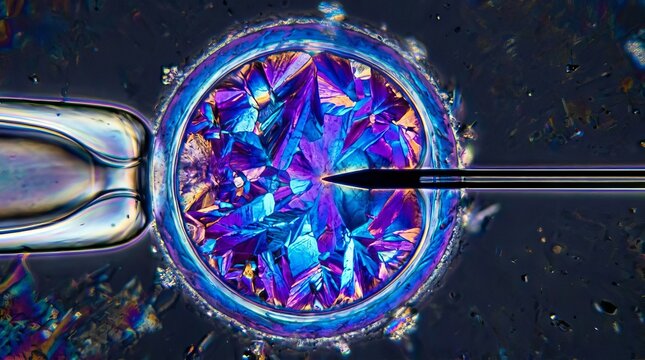 Microscopic view of cell microinjection with glowing blue and purple cellular structures in a laboratory