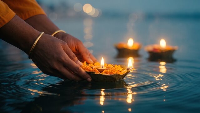 Deep Daan on Ganga &ndash; Hands Releasing a Floating Diya During Evening Prayer