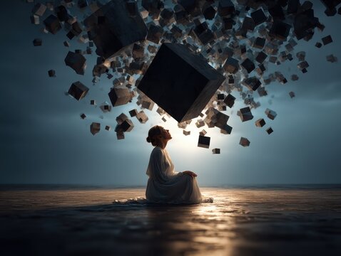 A seated woman in a white robe looks upward towards a dark cube, representing a conceptual collision between contemplation and the abstract forces affecting life
