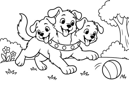 Three-Headed Puppy Illustration: A charming three-headed puppy with a playful grin and a studded collar frolics in a grassy field, nudging a ball, all rendered in a whimsical.
