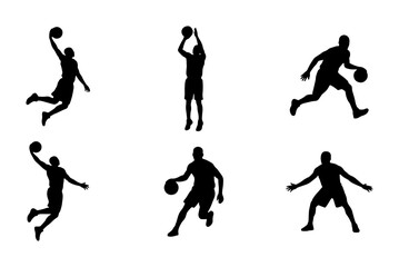 Basketball player silhouettes set with dunking, shooting and dribbling for sports logo or print © Rohimali