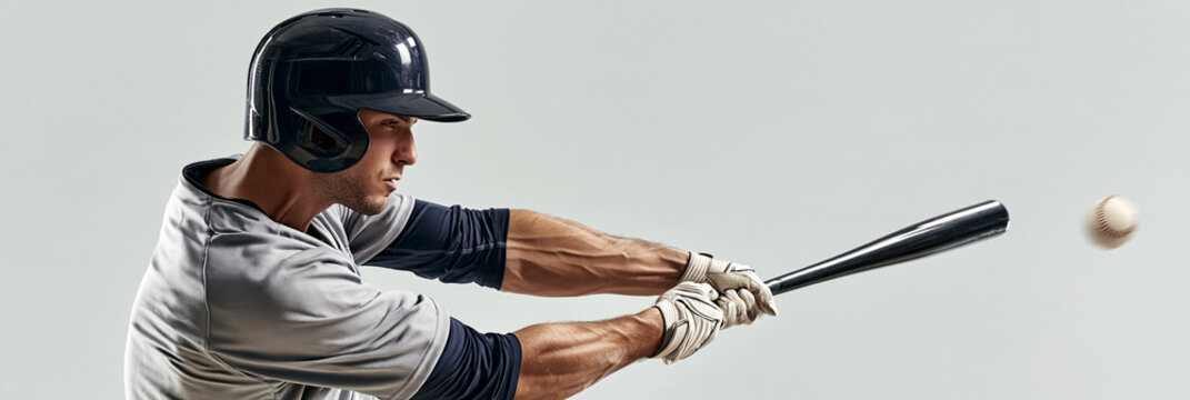 Baseball player swings bat with focused intensity. White ball hovers near bat, frozen in motion. Gray jersey and helmet show athletic gear. Glove grips bat firmly, muscles tense. Moment captures power
