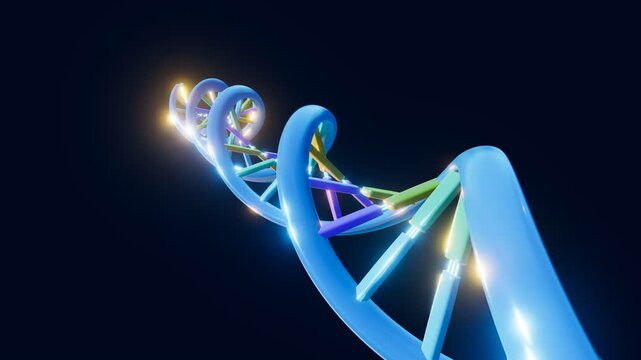 3D rendering of a DNA with glowing blue backbone strands and multicolored base pairs against a dark background, representing genetics, biotechnology, and molecular biology