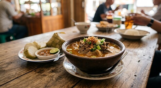 Traditional Indonesian Coto Makassar beef soup served in a clay bowl with ketupat rice cakes on a rustic wooden table
