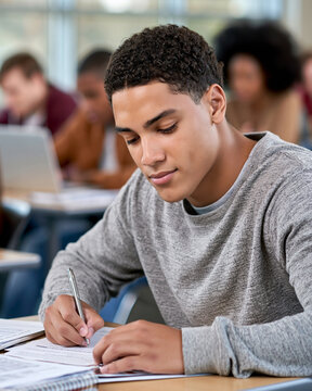 Focused young man writes in notebook during class. Serious expression shows concentration and dedication. Background blur suggests a bustling classroom environment. Ideal for education, student life