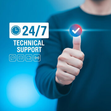 Professional hand selecting 24/7 technical support icon for digital marketing and customer service concept