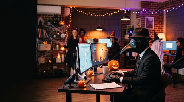 Office worker in a plague doctor costume typing at dual monitors amid pumpkins and festive Halloween decorations
