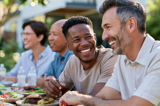 Warm smiles share a joyful meal outdoors. Friends laugh, enjoy food, and connect in sunlight. Natural setting enhances relaxed, happy company. Perfect for family gatherings, social events