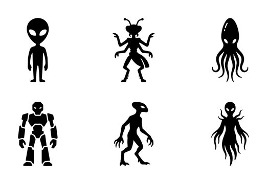 Alien and robot silhouettes set with octopus and insectoid figures for sci-fi projects