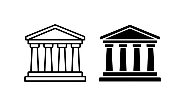 Classical building line icon and filled silhouette set with columns for law or history