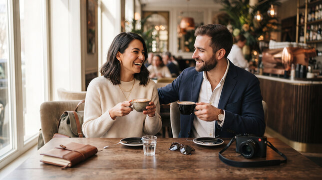 Cozy Cafe Rendezvous: A smiling couple enjoys coffee and conversation at a rustic wooden table in a warm, inviting cafe, bathed in soft natural light.