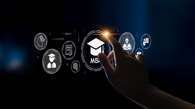 Interactive Digital Interface Showcasing MBA Education Concepts with Icons Representing Learning, Knowledge, and Professional Growth. Entropy.