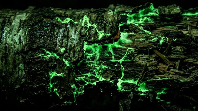 Low Key Macro of Glowing Foxfire Bioluminescent Mycelium on Rotting Wood