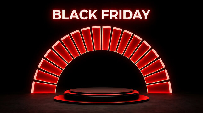 Black Friday sale podium with glowing red arch for product display 3d render