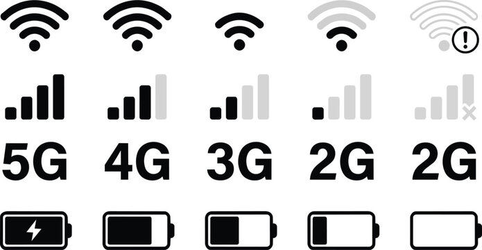Wireless network signal strength bars and battery level icons set on transparent background