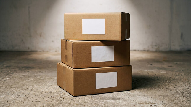 Stack of three cardboard shipping boxes with blank white labels