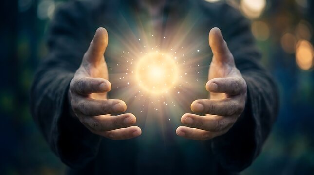 Person cupping hands around glowing energy orb with magical light particles in dark nature environment