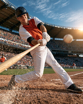 Baseball player swings bat at fast-approaching ball. Crowd fills stadium under bright blue sky. Sun glints off ball as motion captures moment. Athlete focuses intently on pitch