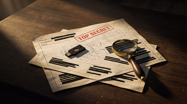 Top secret documents with redacted text and a magnifying glass