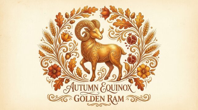 Golden ram for autumn equinox decorative design