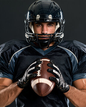 Athlete grips football with intense focus. Dark jersey and helmet frame his determined gaze. Hands steady the ball, ready for action. Studio lighting highlights muscle and gear
