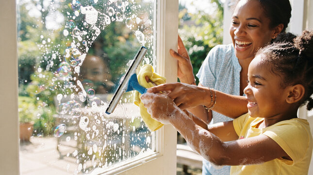 Mother and Daughter Cleaning Window: A smiling mother and daughter enthusiastically clean a window, surrounded by soapy bubbles and a sunlit garden view.