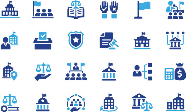 Government icon set blue style parliament building voting box ballot scales of justice court gavel law enforcement authority democracy political vector illustration isolated on white background