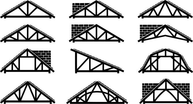 Roof Truss & Shingle Silhouette Icon Set. Collection of industrial & construction silhouettes, including roof truss & shingle, detailed structure and framework shapes, and more.