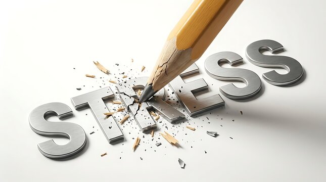 Pencil erasing stress text on white background, 3D render of metal letters being removed by wooden pencil