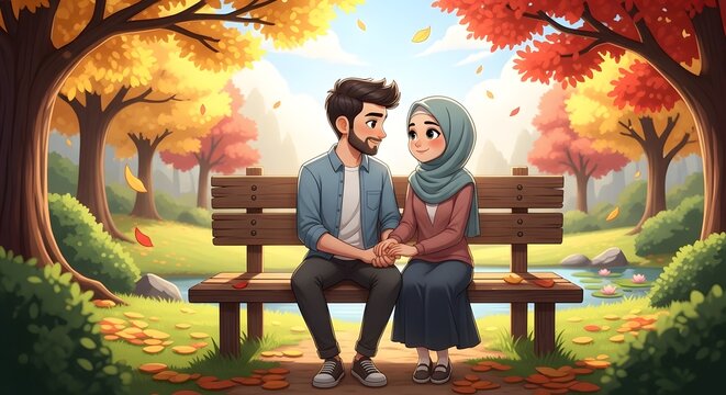 Muslim couple sitting on a park bench in an autumn park
Man and woman holding hands on a bench with fall foliage
Romantic autumn scene of a Muslim couple looking at each other
