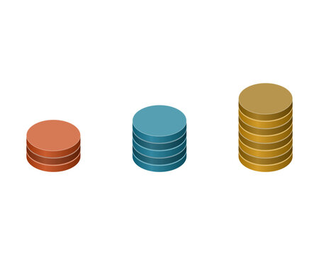 Professional isometric 3D block illustration &mdash; isometric stacked coin columns. Isolated transparent PNG business graphic element for presentations