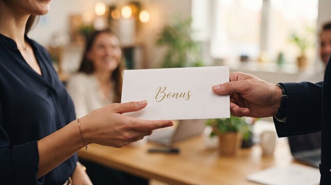Bonus Envelope Exchange: A close-up shot captures a business professional receiving a Bonus envelope from a colleague in an office setting.