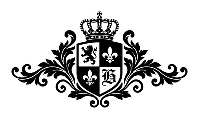 Heraldic shield with crown, lion and fleur de lis emblem for logo © Arman