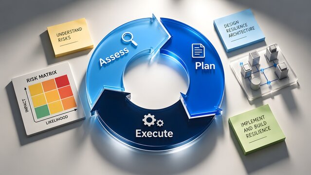 IT risk management and business resilience strategy cycle concept with assess plan execute stages and risk matrix evaluation