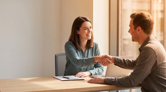 Happy HR manager interviewing male candidate at office job interview, hiring recruit for business meeting, career consultation and employment concept