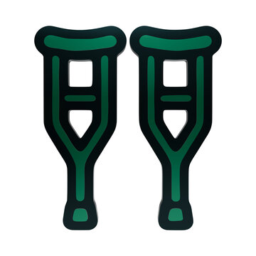 Green medical crutches pair icon with arm supports and hand grips in glossy dark outline mobility injury isolated on a transparent background