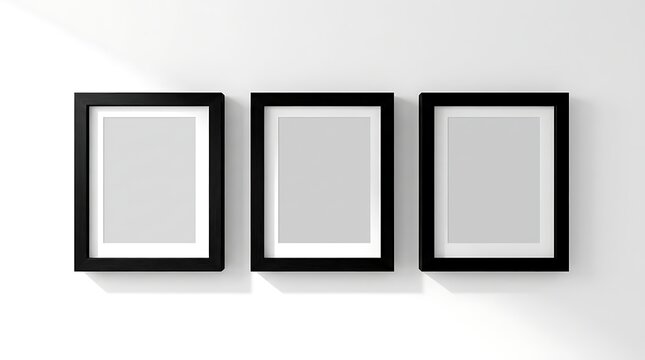 Three empty black picture frames arranged horizontally with white mats on a clean white wall interior mockup