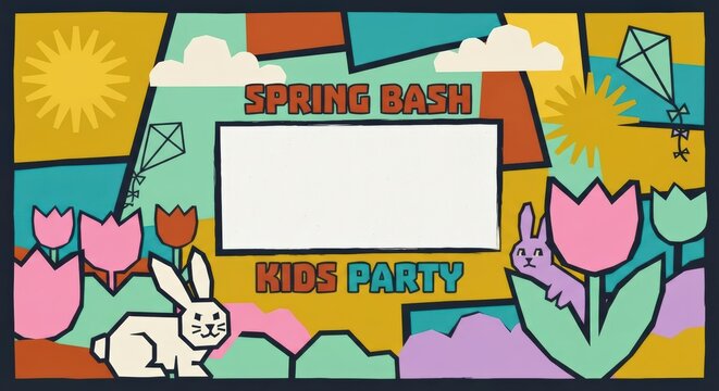 Spring Bash Kids Party banner with rabbits, tulips and copy space frame