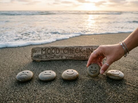 Seaside Mood Check In with Smiley Stones and Calm Ocean Waves