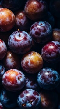Fresh Harvest Plums close-up of ripe purple and red fruits with water droplets in moody lighting ideal for organic food marketing and culinary design. Vertical. Portrait Orientation.