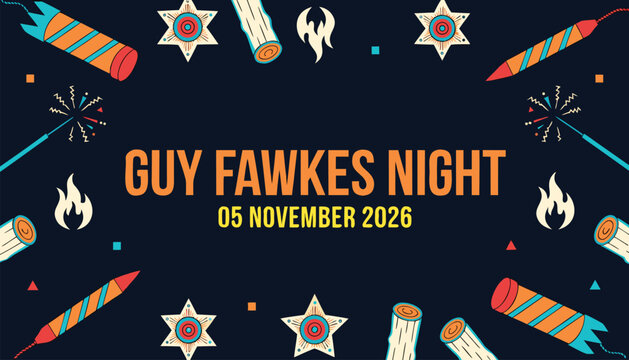 Guy fawkes night celebration banner with fireworks and stars