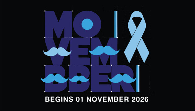 Movember typography banner with light blue ribbons and mustaches