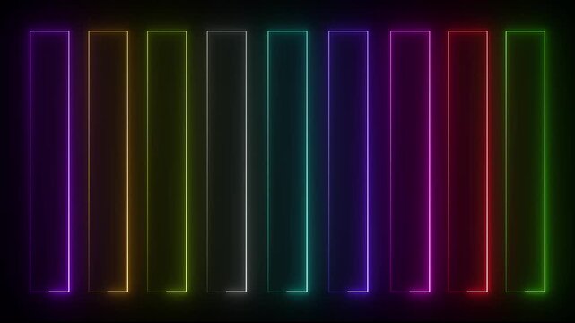 Colorful glowing neon box lines light, bright animation on black background. 4k animation video.