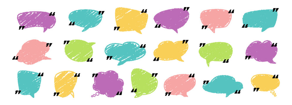 Colorful hand drawn grunge crayon, charcoal, chalk speech bubbles set. Vector bubble design for abstract textbox background. Modern shape for dialog text with message.