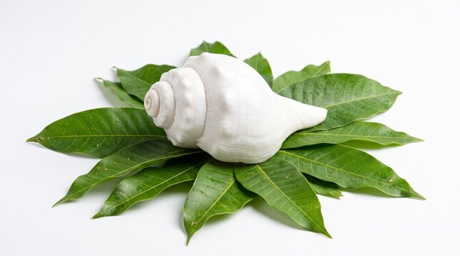 A single white conch shell resting centered on a bed of fresh green mango leaves on white surface